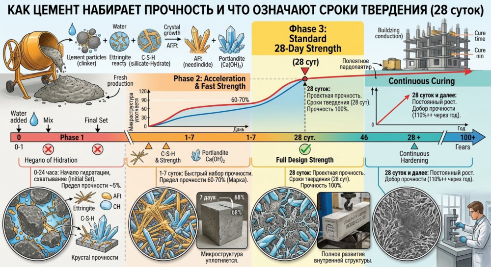 Подробнее о статье Как цемент набирает прочность и что означают сроки твердения